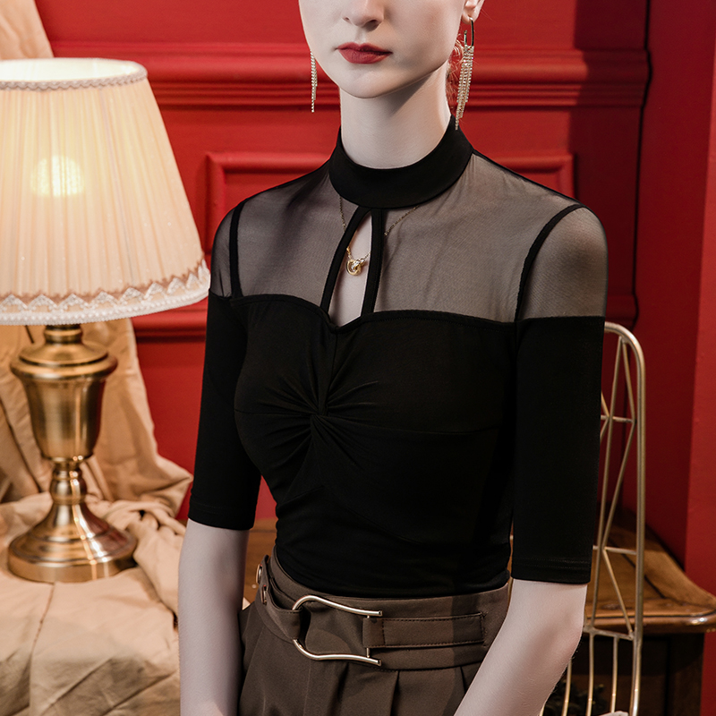 立领莫代尔镂空打底衫女五分袖2025秋季新款网纱拼接女装中袖上衣