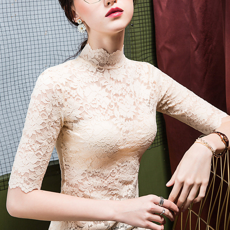 2021秋季新款立领蕾丝打底衫女五分袖修身内搭半高领中袖上衣洋气
