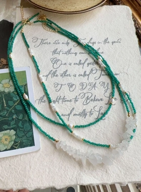 新中式绿色天然石串珠项链夏季百搭女高颜值气质小众民族风锁骨链