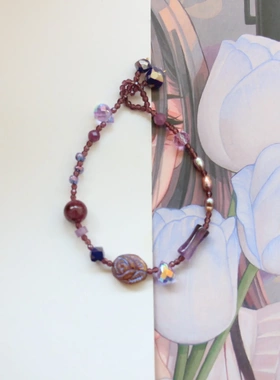 魔鬼深紫进口捷克珠郁金香花朵手链简约串珠手串高级感百搭琉璃