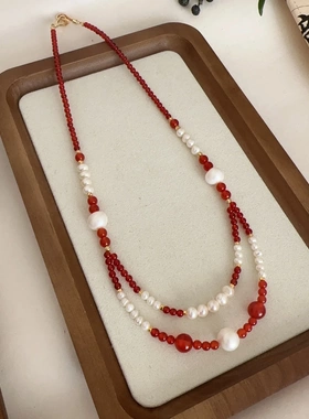 新年红红玛瑙敦煌双层天然石串珠项链手作国风宫廷风配饰