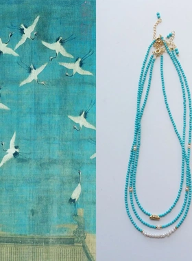 复古中国风手工串珠项链女百搭蓝色系松石绿珍珠锁骨链