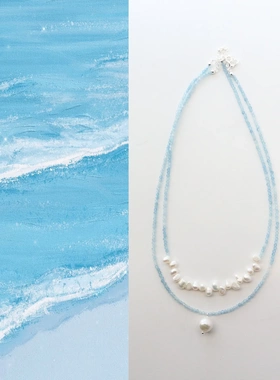 【海盐汽水】渐变天然海蓝宝淡水珍珠巴洛克清新夏季新品项链颈链