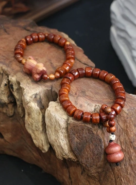 原创牛骨血檀小熊葫芦文玩手串 九紫年红色手串