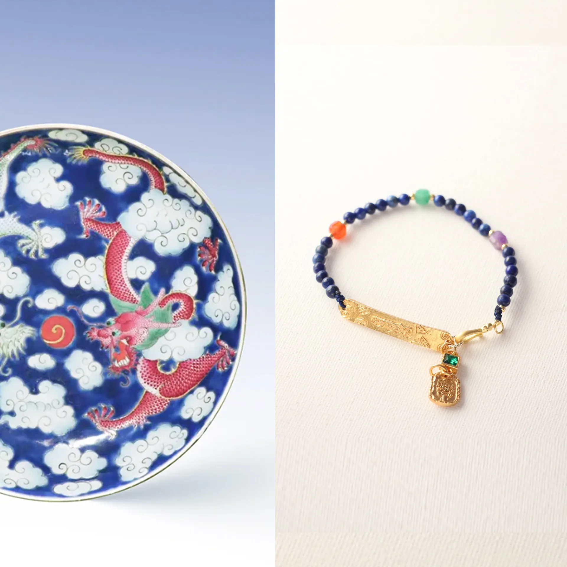 原创手作沙金色守护牌中式青金石手链颈链新中式国风烧蓝手串项链