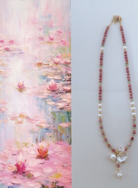 睡莲色系列搭配花瓣珍珠项链红粉颈链春夏ins风手作串珠手链戒指
