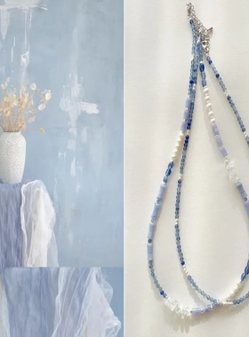 浅蓝色天然石串珠项链手作原创小众饰品水墨国风颈链锁骨链