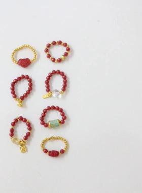 原创手作新中式朱砂戒指铜镀金小金豆帝王砂红色弹力串珠米珠约指