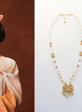 紫同款新中式国风项链小众彩色天然石毛衣链国色金锁项链