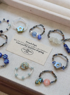 清冷氛围感！手作孤品蓝调串珠戒指 新中式复古琉璃指环不撞款