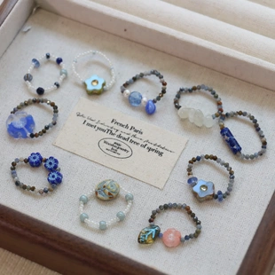 清冷氛围感！手作孤品蓝调串珠戒指 新中式复古琉璃指环不撞款