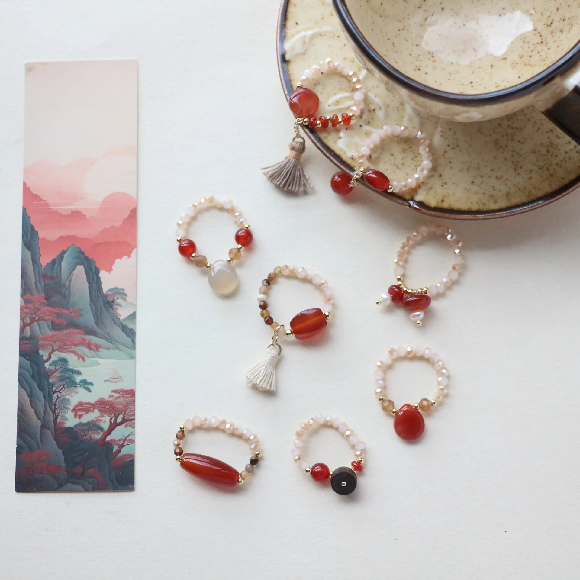 新款国潮民族风松石玛瑙戒指原创手作小众个性轻奢百搭串珠指环女