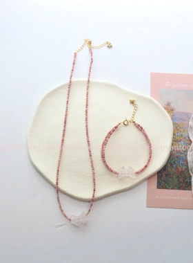 小众轻奢洛丽塔风蝴蝶结串珠项链天然石红纹石小珠子细款颈链手链