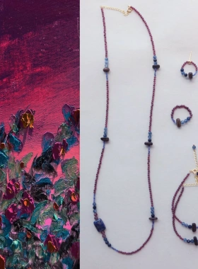 新中式国风项链复古长款65cm石榴石沉香木珠项链蓝纹石沉稳色