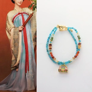 蓝磷灰天然石多宝原创设计珐琅彩小金锁手链复古皇家风格彩色手串