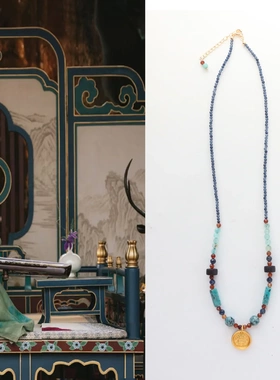 新中式国色配色 雍容芳华天然石项链极爆海蓝宝墨蓝色绿财神手链