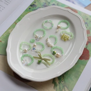 新款薄荷茶绿色水晶珠淡水珍珠戒指 原创设计清新可爱小串珠指环