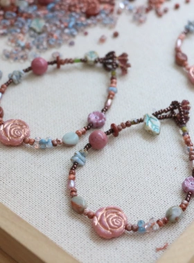 【伊甸园】进口捷克珠珠手链 藕粉玫瑰花式手串简约弯管串珠手串