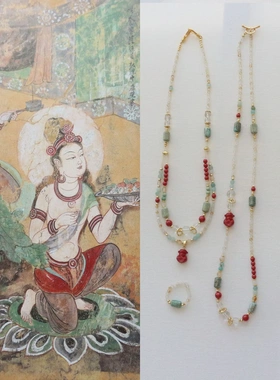 新款敦煌风项链饰品帝王砂财神吊坠双层串珠项链百搭手链戒指