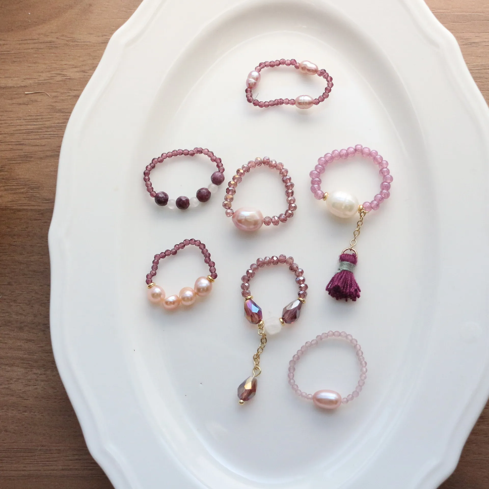 原创手作绛紫色琉璃淡水珍珠流苏弹力戒指简约浪漫温柔风串珠指环