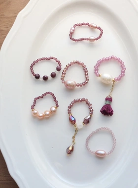 原创手作绛紫色琉璃淡水珍珠流苏弹力戒指简约浪漫温柔风串珠指环