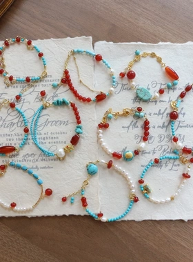 敦煌国风配色手串红玛瑙绿松吊坠流苏手链多维设计手链