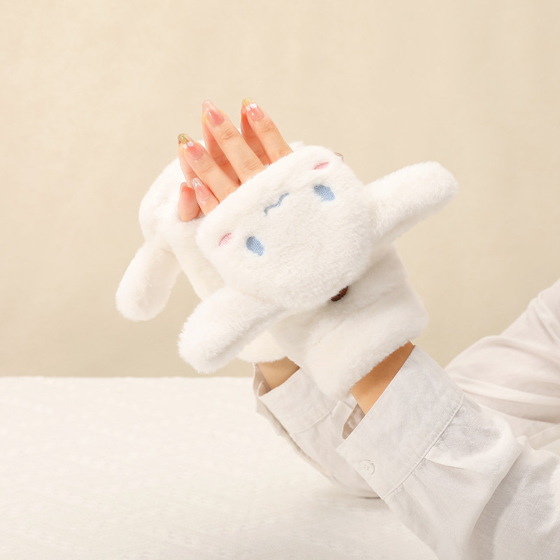 手套女冬季可爱翻盖半指骑车毛绒卡通小狗兔子生日礼物女生送女友
