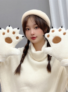 女绒质全指挂脖手套刺绣猫爪