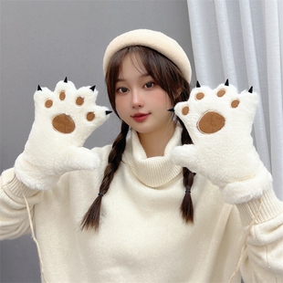 男女生冬天加绒加厚保暖学生中童亲子熊掌猫爪韩版潮百搭爪子手套