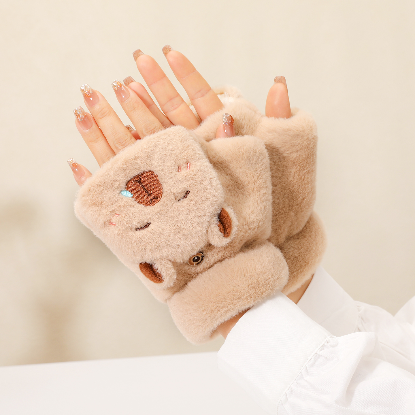 加厚保暖仿兔毛翻盖半指手套男女