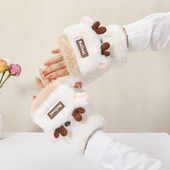 拼色圣诞鹿贴标女秋冬保暖防冻加厚可爱学生写字骑车半指翻盖手套