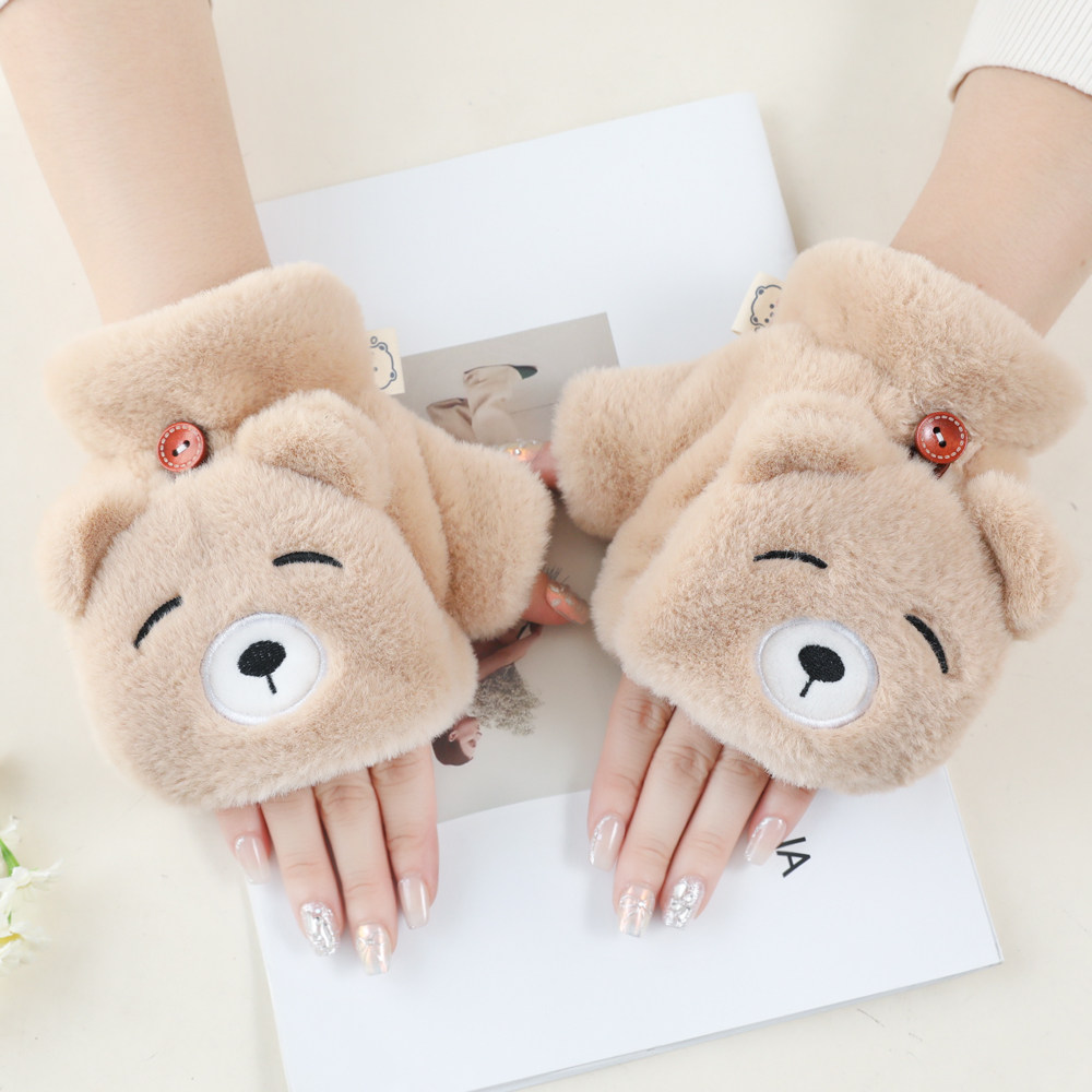 2025冬季女可爱卡通眯眼小熊学生半指翻盖毛绒加厚绒保暖骑行手套