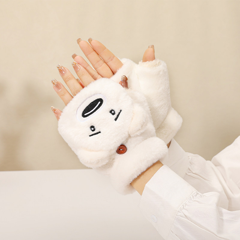 可爱小熊半指翻盖毛绒手套女秋冬季保暖加绒加厚可爱学生写字防寒