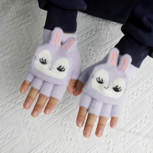 冬季小兔子儿童手套半指女孩宝宝半截翻盖分指保暖防寒小学生写字