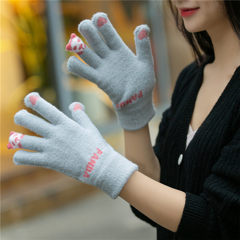 手套女冬天可爱触屏防寒保暖秋冬季骑车针织韩版加绒五指包指手套