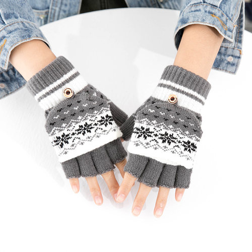 秋冬翻盖毛线露指写字打字手套