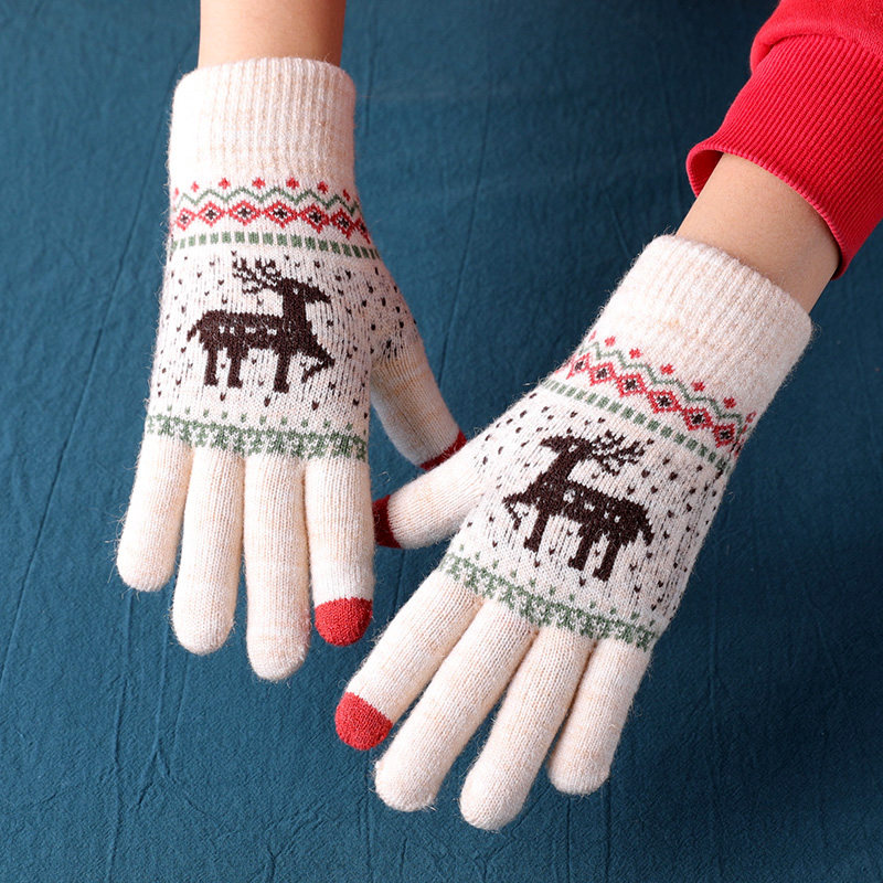 秋冬双层加厚针织五指学生保暖男手套女可爱韩版小鹿触屏情侣手套