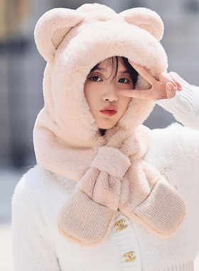 围巾帽子两件套小熊耳朵