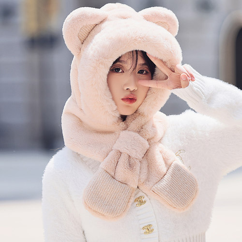 围巾帽子两件套小熊耳朵