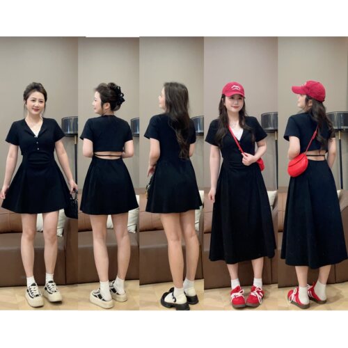 设计款蕾丝拼接露腰显瘦A字裙