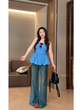 大萌萌微胖定制 26春季洋气蓝色收腰吊带抹胸上衣显瘦通勤套装