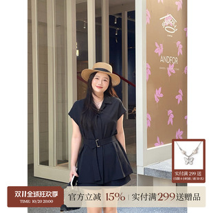 大萌萌微胖定制 26夏气质POLO领收腰衬衫裙高腰短裤显瘦女士套装
