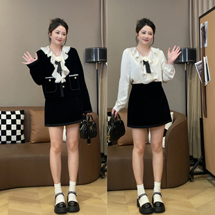 显瘦套装 千金风丝绒短外套半裙缎面衬衫 25年秋季 大萌萌微胖定制