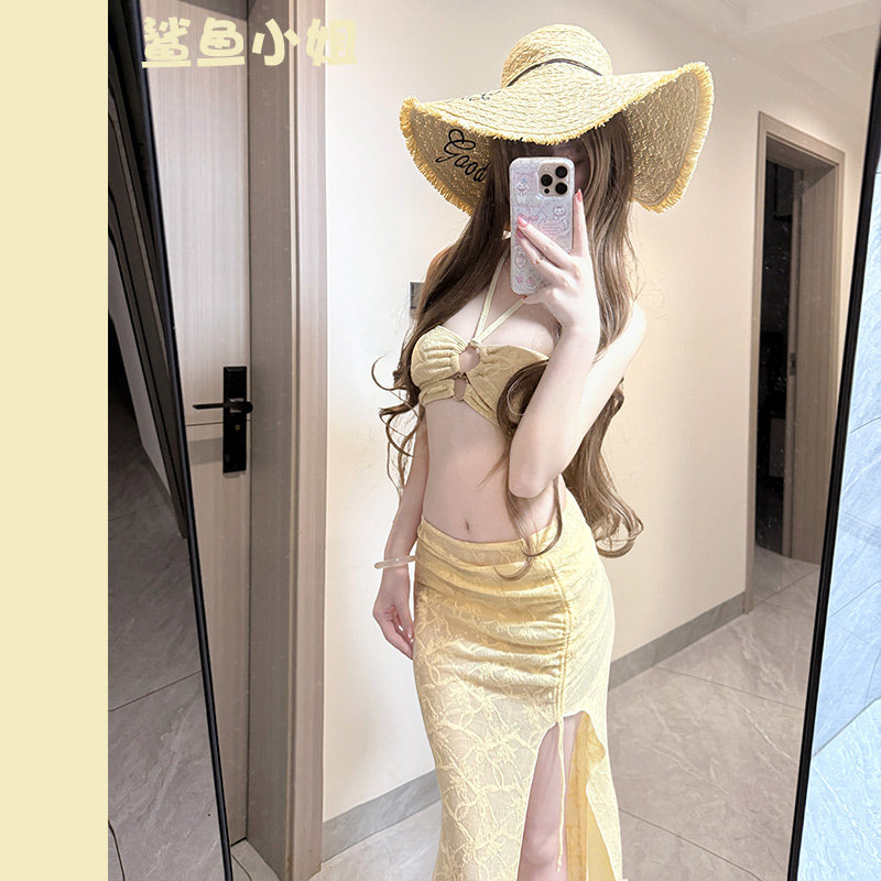 鲨鱼小姐比基尼小胸钢托聚拢长裙三件套性感风泳衣海岛度假温泉