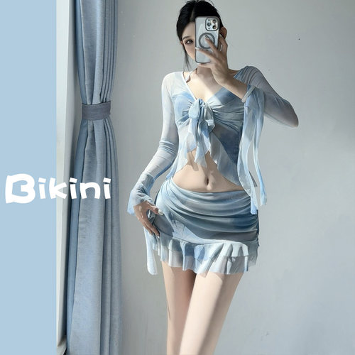 鲨鱼小姐分体泳衣女款2025年新款泡温泉四件套长袖防晒沙滩比基尼