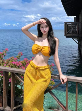 2024新款比基尼泳衣女绝美黄色分体三件套性感热辣长裙海岛度假风