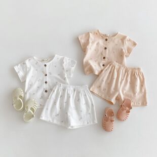韩国夏季2024新款女童韩版家居服睡衣柔软薄款椰子树短袖开衫