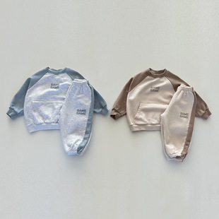 现货韩国婴幼童装时尚拼色休闲运动套装男童春秋新潮卫衣卫裤