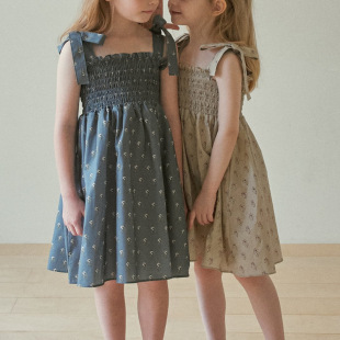 韩国童装25夏女小童宝甜美碎花蝴蝶结吊带连衣裙