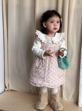 女宝宝夹棉背带裙套装女童加绒衬衫衣服裙子婴幼儿公主洋气连衣裙